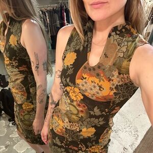 VINTAGE 90s Le Chateau Retro Asian Sleeveless Midi Dress - Floral Earthy print